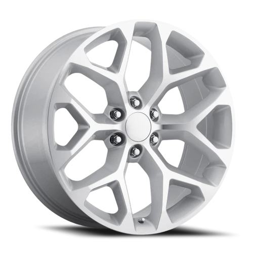 Factory Reproductions FR 59 Chevrolet Snowflake Replica SL 24x10 +24 6x139.7mm 78.1mm Gloss Silver Machined Face