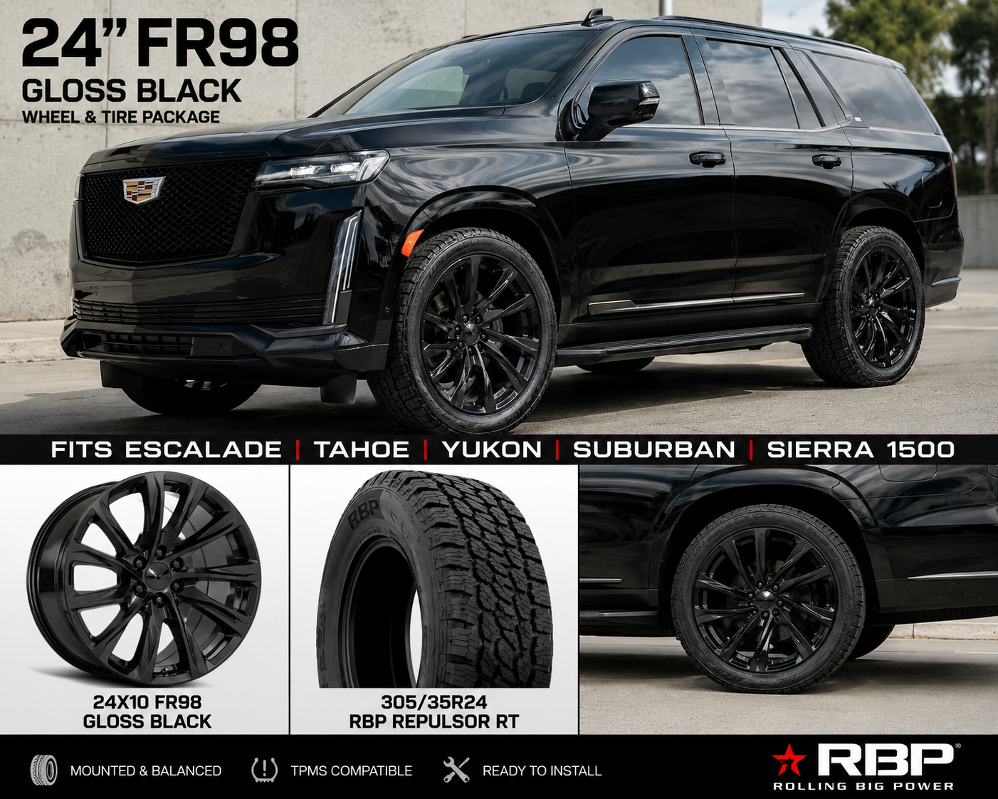 24" Escalade Platinum FR98  Gloss Black Wheels & 305/35R24 RBP RT Tires Package Fits Escalade Tahoe Yukon Sierra