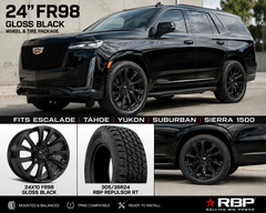 24" Escalade Platinum FR98  Gloss Black Wheels & 305/35R24 RBP RT Tires Package Fits Escalade Tahoe Yukon Sierra