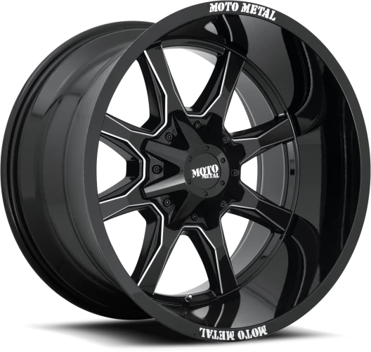 Moto Metal MO970 GB-M 18x9 +18 5x114.3mm 74.1mm Gloss Black Milled Spokes-Moto Metal on Lip