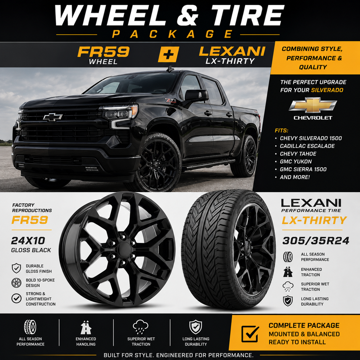 24" FR59 Snowflake Version 2 Gloss Black Wheel & Tire Package | 305/30R24 Lexani LX-Thirty | Fits Escalade Tahoe Yukon Sierra (Copy)