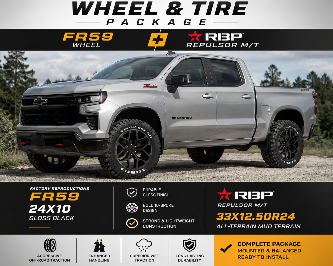 24" FR59 Snowflake Version 2 Gloss Black Wheel & Tire Package | 33X12.50R24 RBP | Fits Escalade Tahoe Yukon Sierra