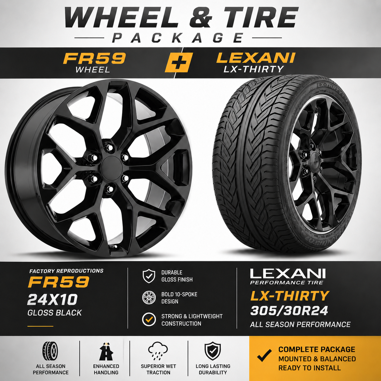 24" FR59 Snowflake Gloss Black Wheel & Tire Package | 305/30R24 Lexani LX-Thirty | Fits Escalade Tahoe Yukon Sierra
