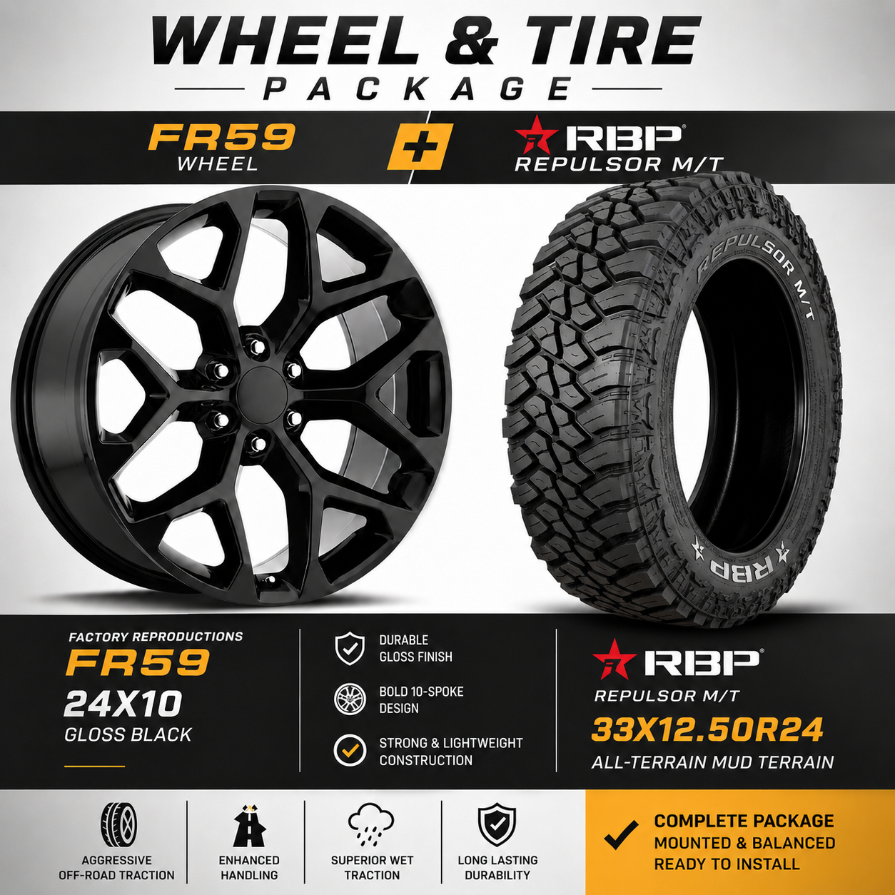 24" FR59 Snowflake Version 2 Gloss Black Wheel & Tire Package | 33X12.50R24 RBP | Fits Escalade Tahoe Yukon Sierra