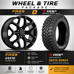 24" FR59 Snowflake Version 2 Gloss Black Wheel & Tire Package | 33X12.50R24 RBP | Fits Escalade Tahoe Yukon Sierra